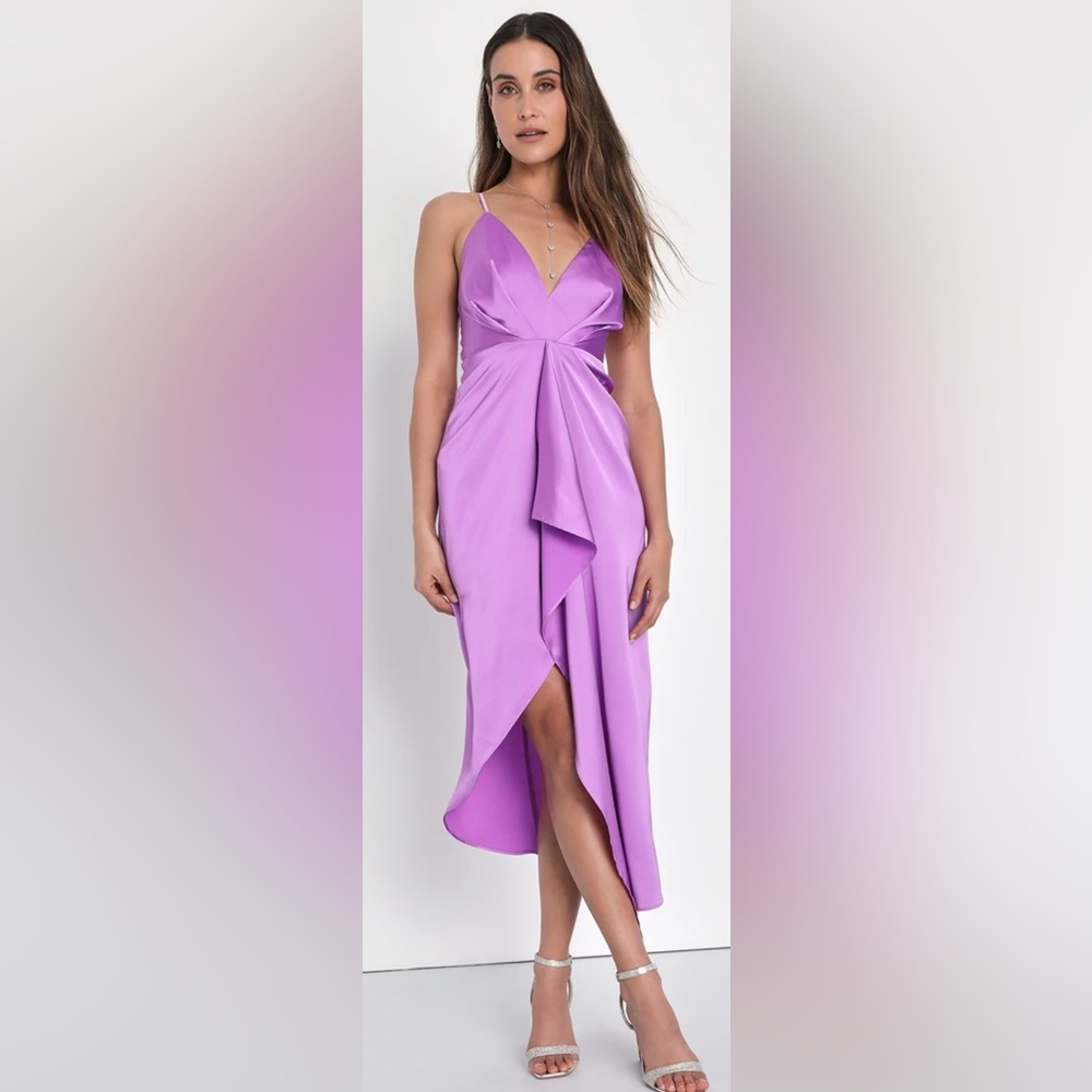 Lulus Purple Satin Ruffled Midi Dress